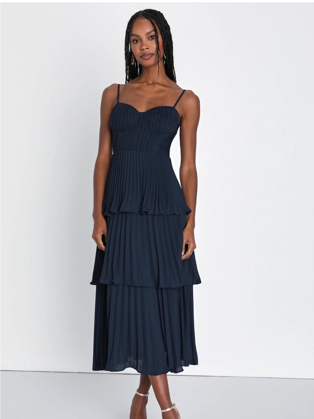 Lulu's Navy Tiered Pleated Midi Dress with Sweetheart Bodice